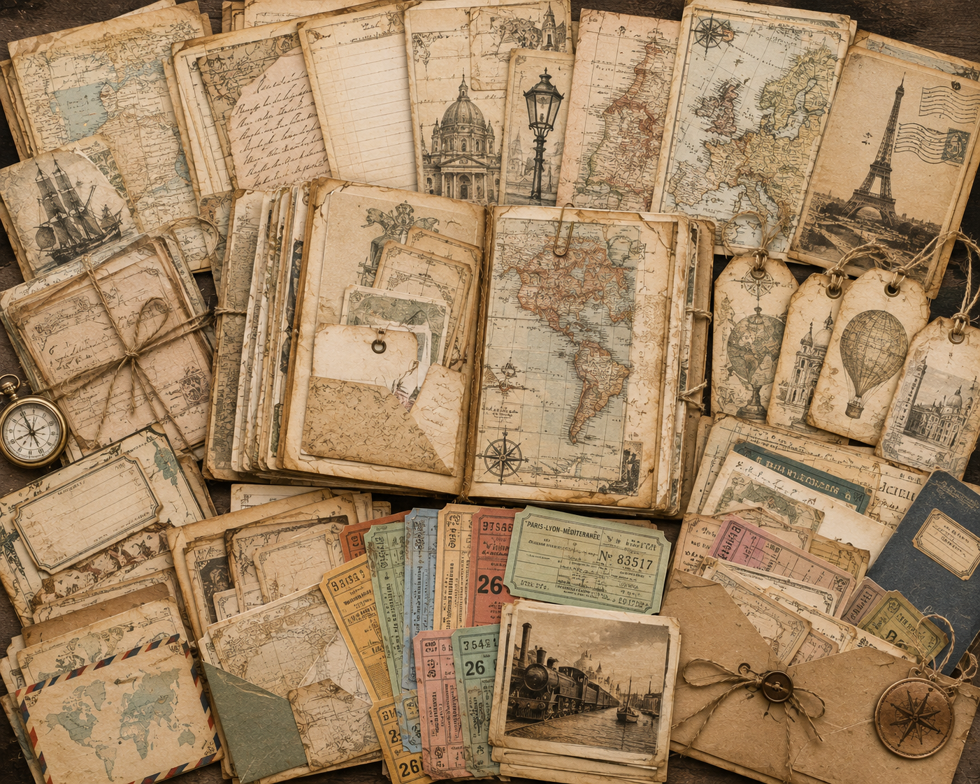 Lureloamps Antique Travel Journal Kit – Vintage Maps, Tickets & Ephemera Digital Download